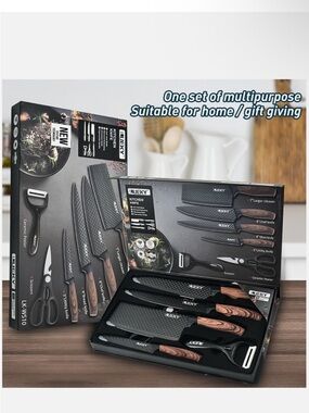 Lucky Brand Black Textured Blade with Woodgrain Handle Kitchen Knife